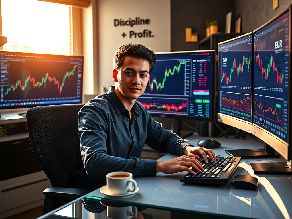 A trader analyzing Forex charts on a computer screen, with currency pairs and technical indicators visible.
