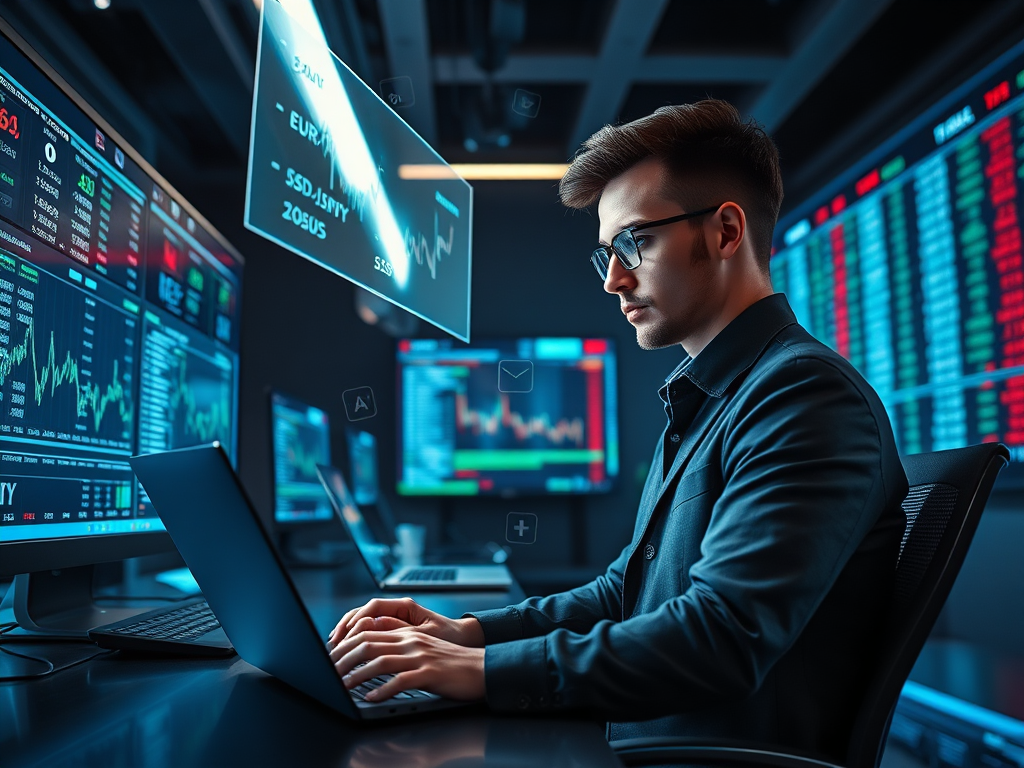 Trader analyzing charts and using AI tools to navigate Forex trading, highlighting flexibility and low-cost entry opportunities.