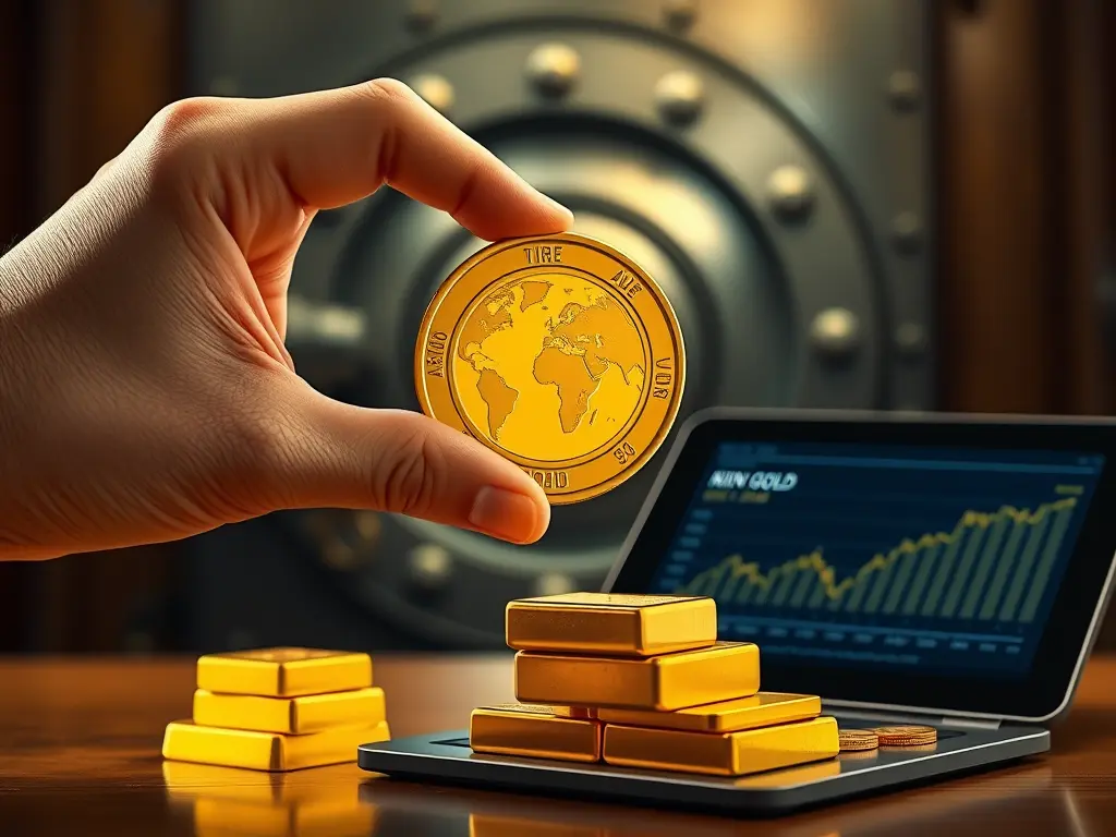 A secure path to Gold Investment in 2025, showing physical coins and digital charts.