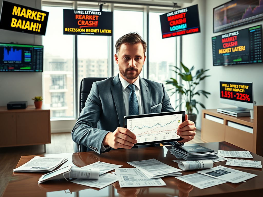 A confident investor reviewing smart investment strategies while ignoring financial media distractions.