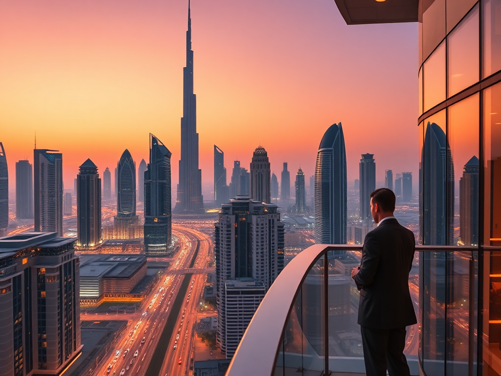 Dubai skyline with luxury real estate developments.