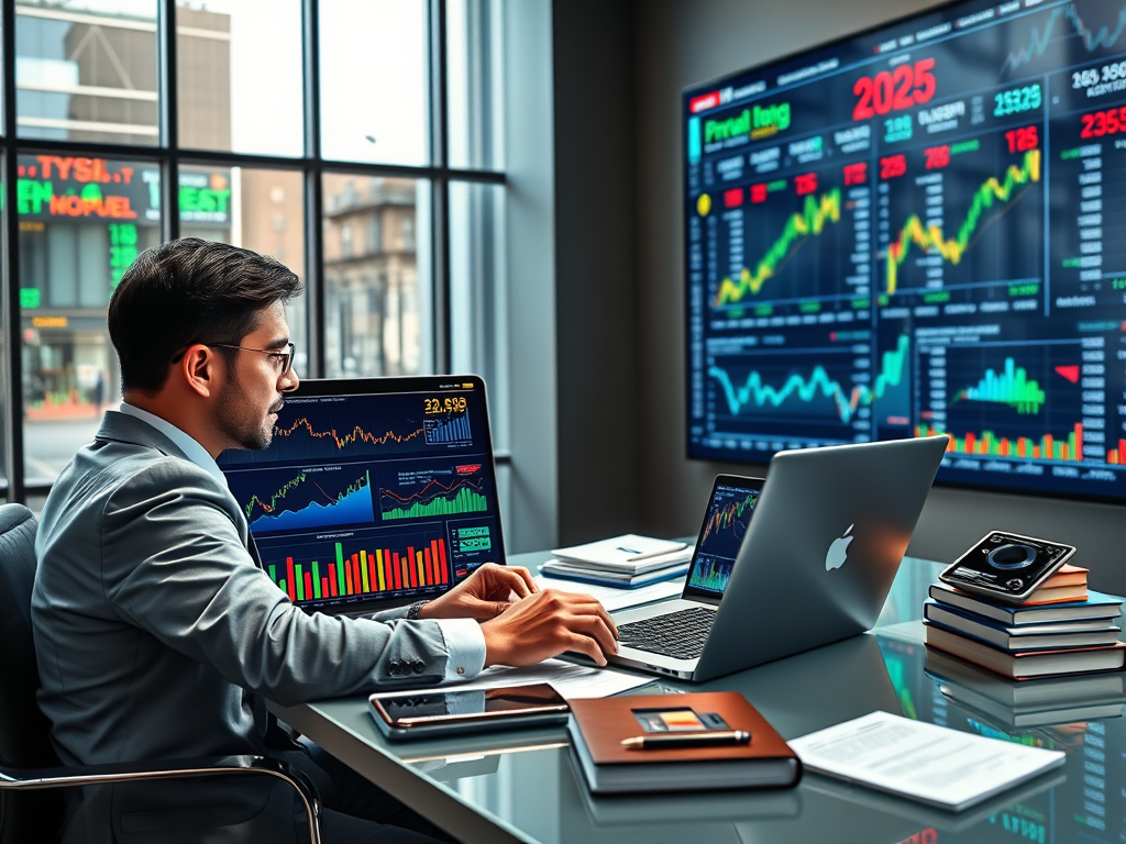 Investor analyzing diverse investment options on a laptop, with financial charts and graphs visible, representing the strategic approach to building a profitable investment portfolio