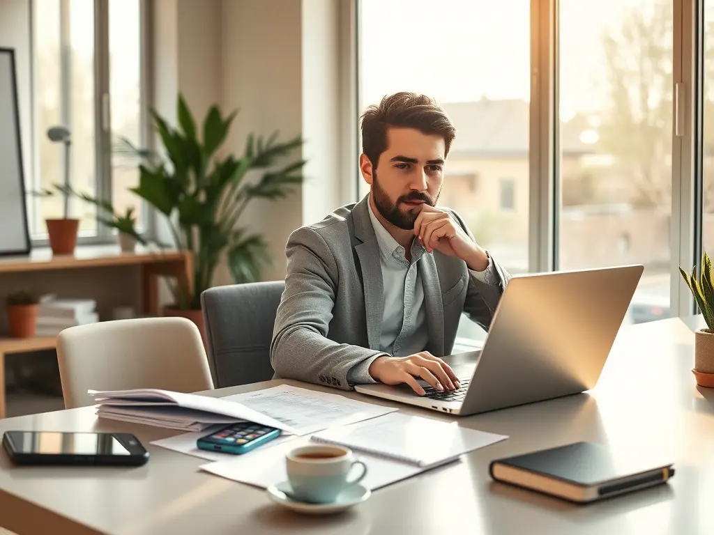 A determined entrepreneur using a personal loan to fund a business plan in a modern office.