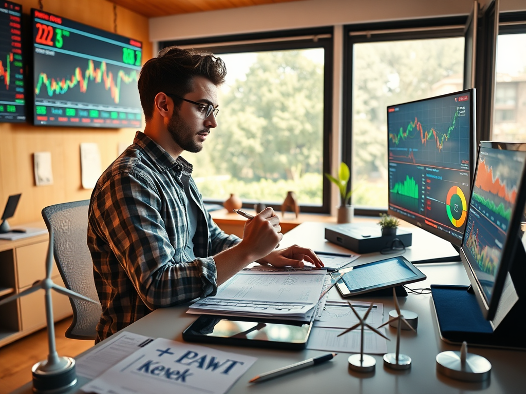 Investor analyzing penny stocks related to green energy and electric vehicles in a modern home office
