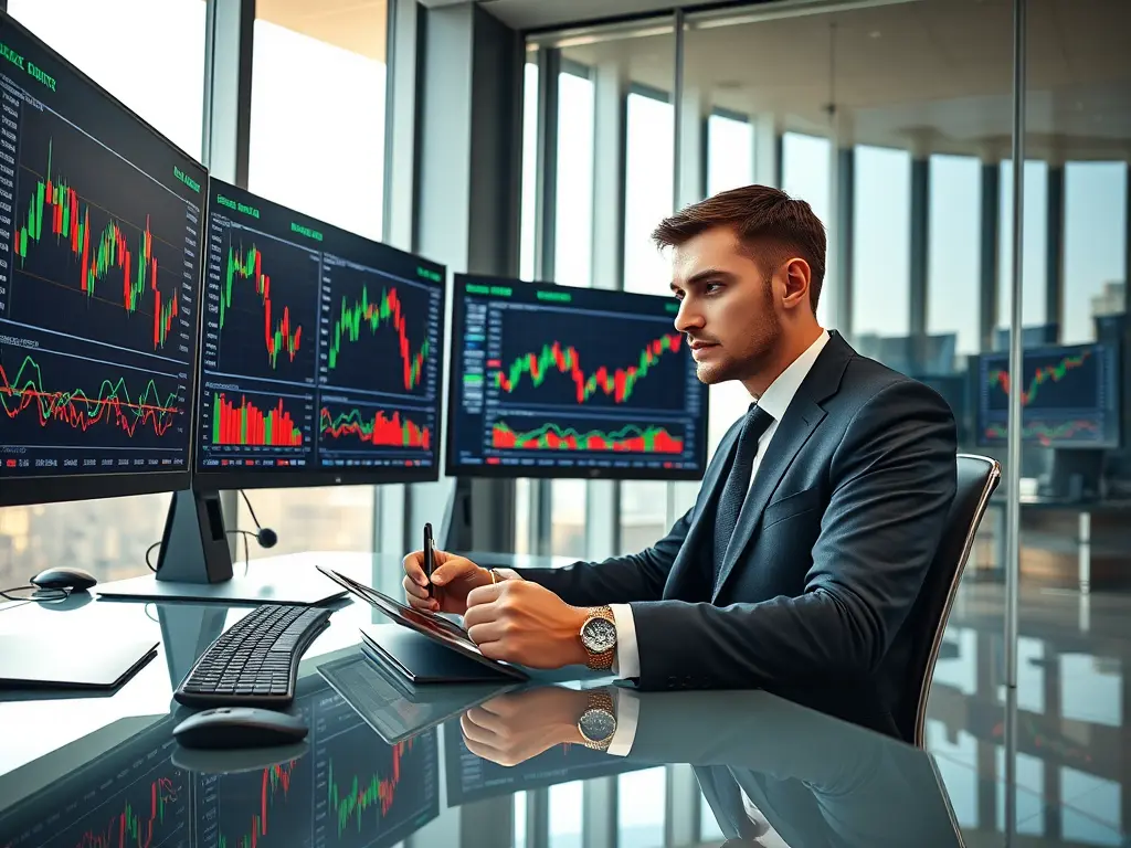 A successful trader analyzing Forex Trading charts on multiple screens, using technical and fundamental analysis strategies.