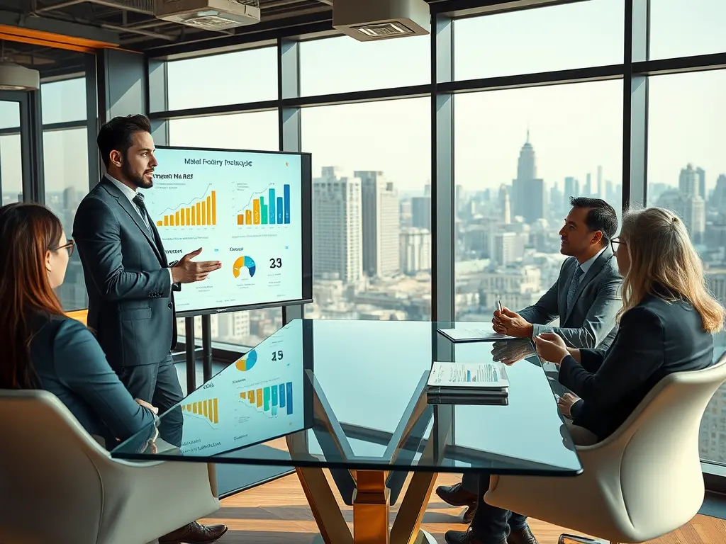 A diverse group of angel investors and entrepreneurs discussing a business plan over a tablet in a modern office.