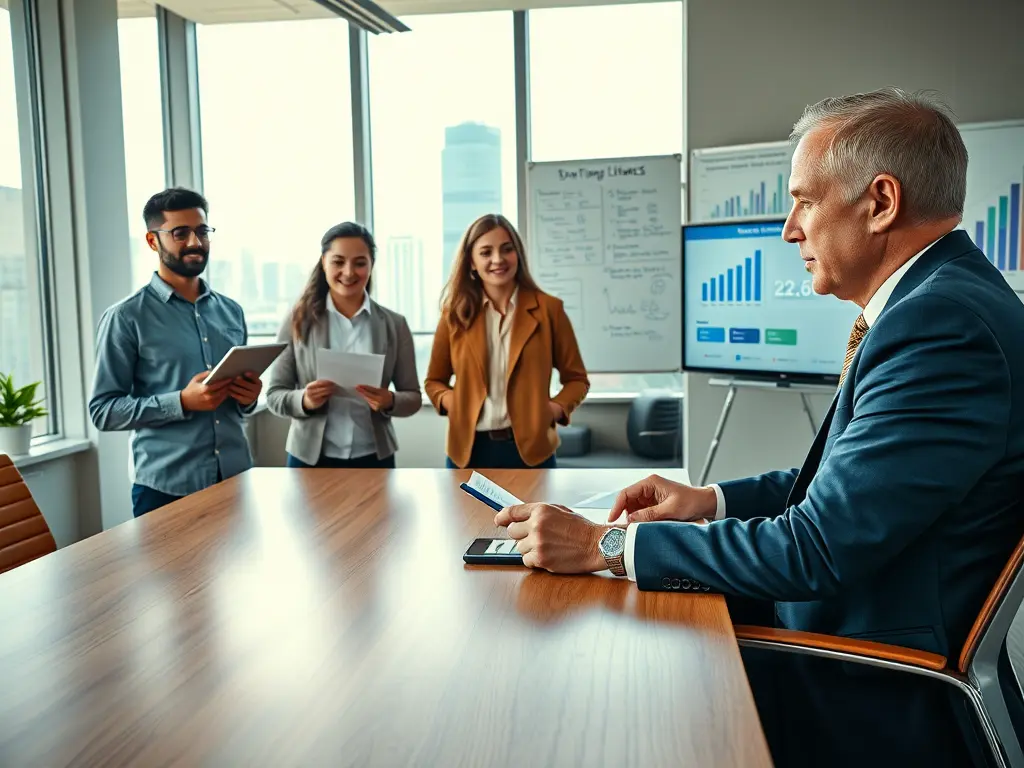 A diverse group of angel investors and entrepreneurs collaborating in a modern startup office, discussing a business plan over a laptop.