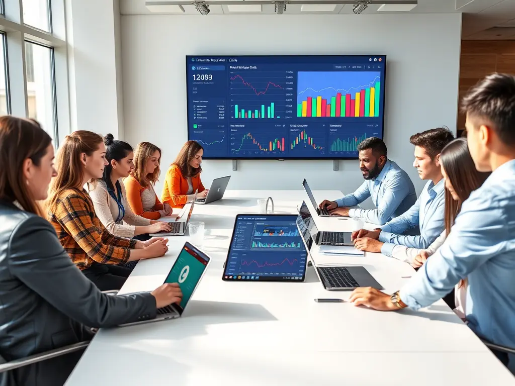 A diverse group of people collaborating on an investment club strategy around a table with laptops and charts.