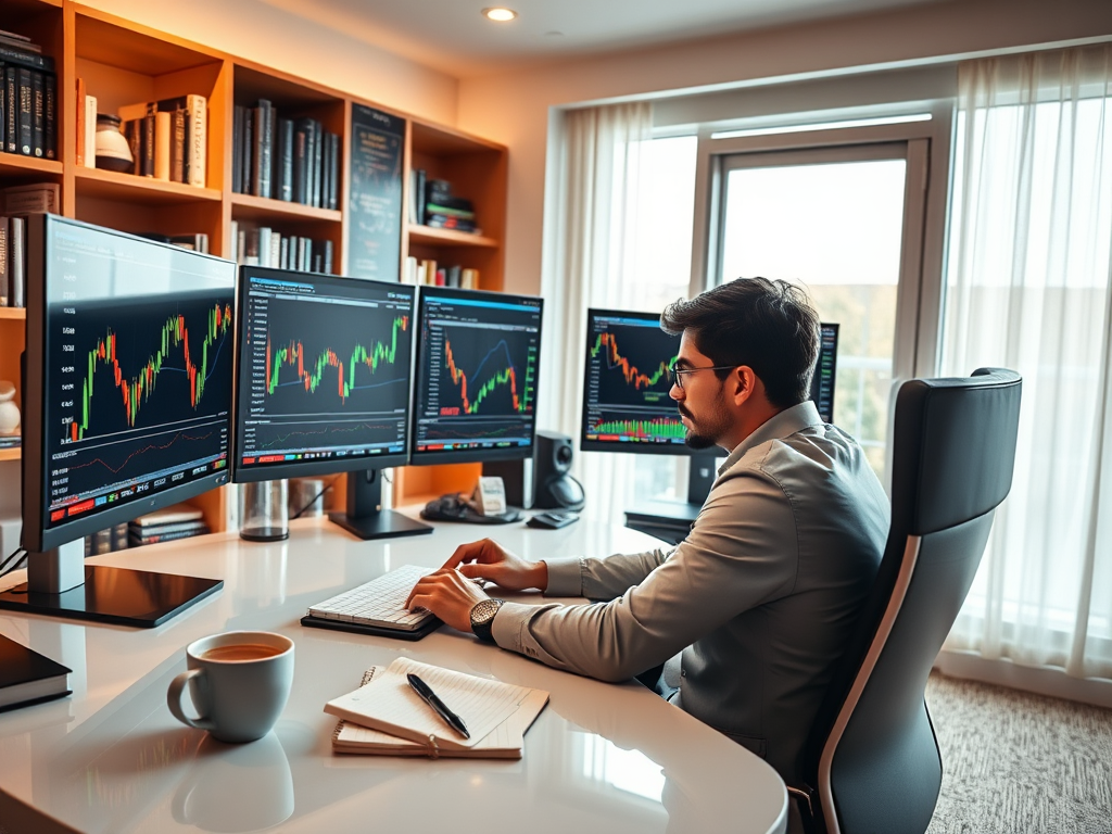 An investor analyzing penny stocks on a trading platform, focusing on market charts and potential opportunities.