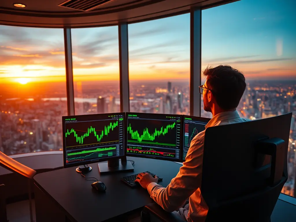 A modern trader analyzing profitable forex trading charts on a digital screen.