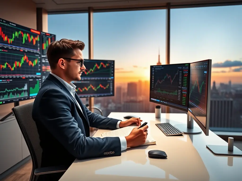 A confident investor analyzing stock market investing trends on a modern screen, showcasing growth and strategy.