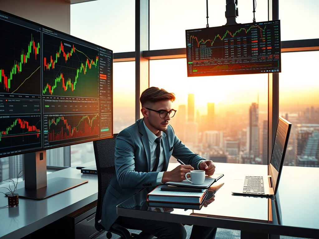 A trader analyzing stock market trends on a digital platform, with charts and data on the screen.
