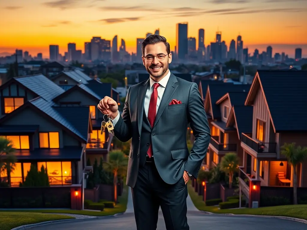 A modern city skyline growing from a stack of coins, symbolizing the power of Real Estate Investing.