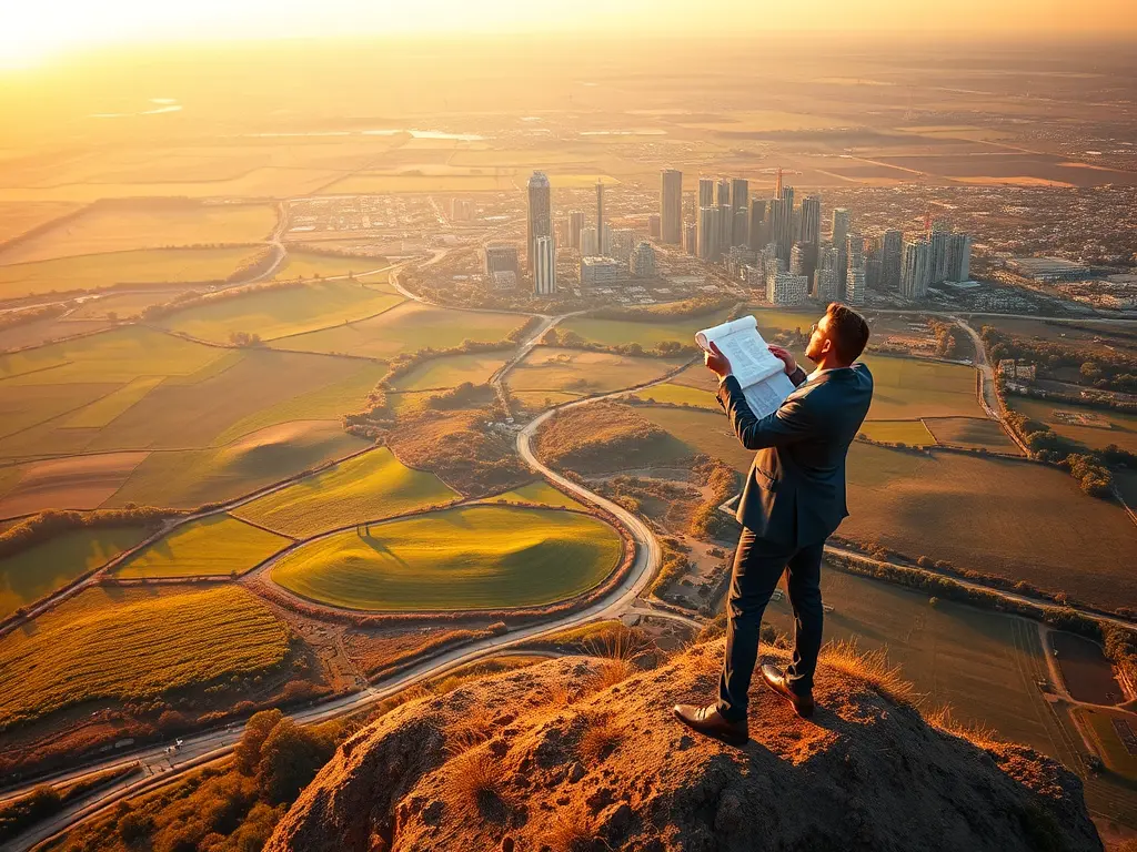 A strategic Land Investment map showing growth potential, paired with a contract symbolizing seller financing.