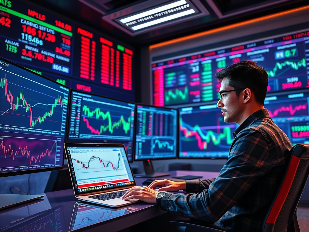 A trader analyzing market charts with volatility indicators, representing the Balloon Strangle Strategy in action.
