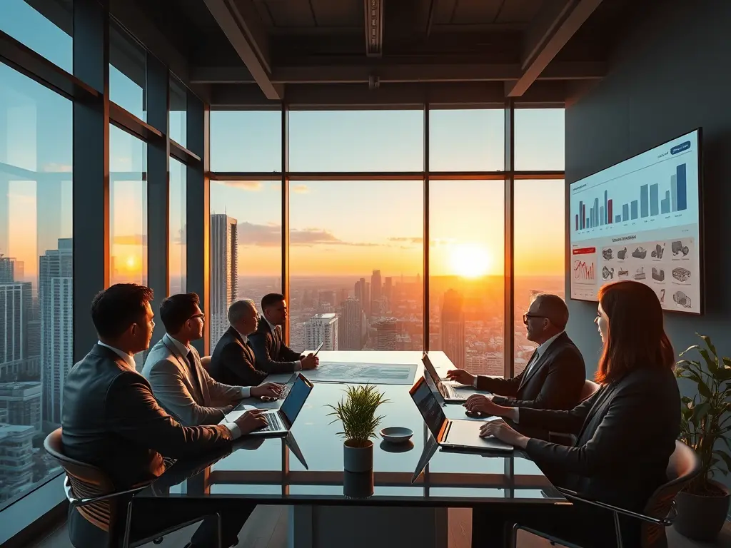 A diverse group of confident investors reviewing architectural plans for a successful institutional real estate investing strategy.