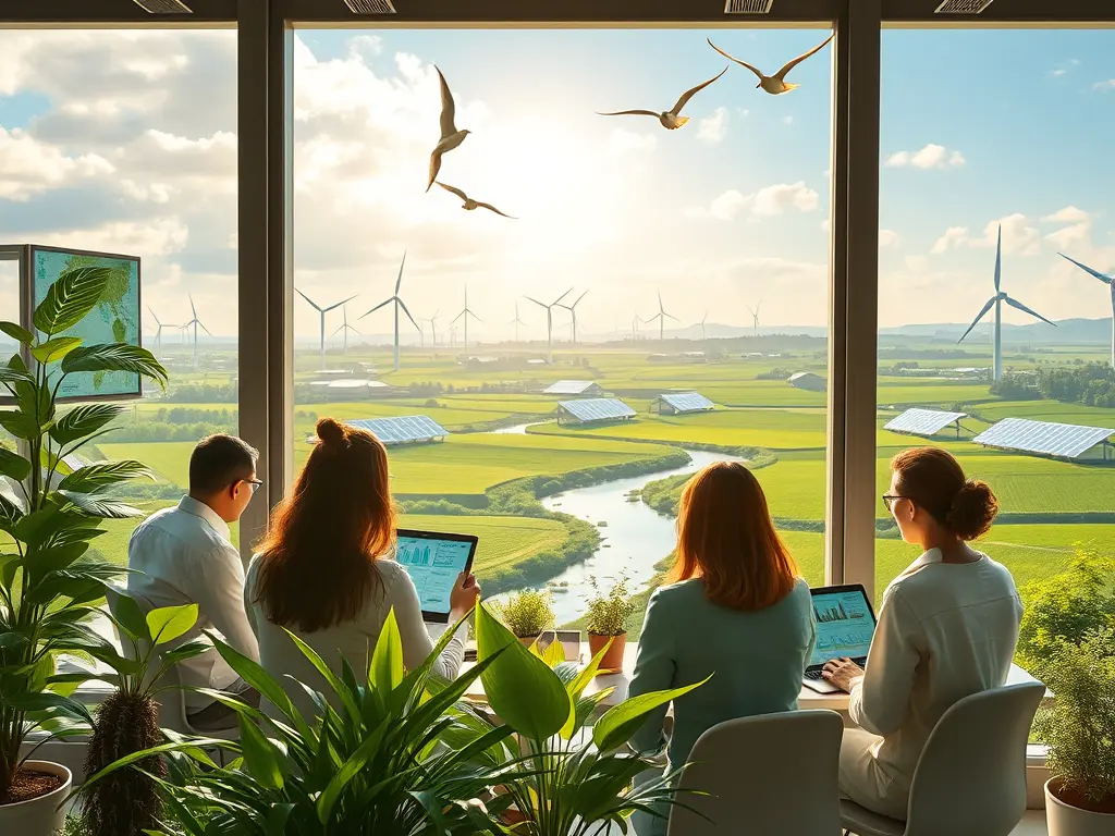 A diverse group of people analyzing sustainable investing data on a tablet, with icons for ESG, green bonds, and growth charts overlay.