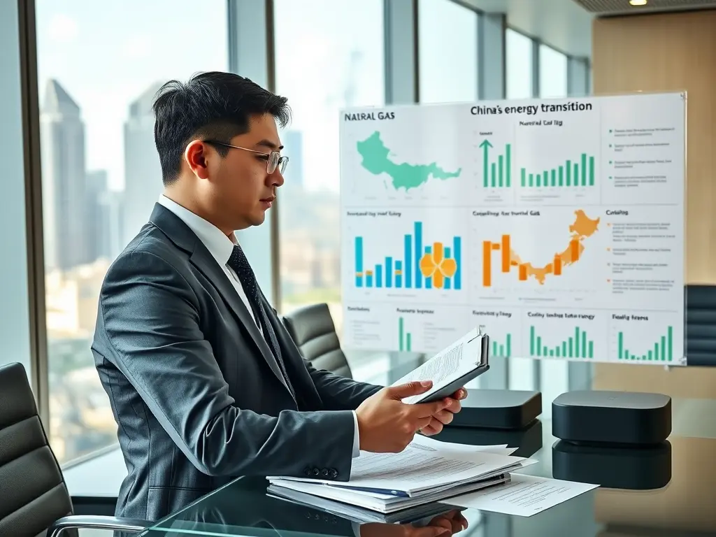 A detailed infographic map of China showing solar farms, wind turbines, and LNG terminals, illustrating the growth of China's Clean Energy Investment.