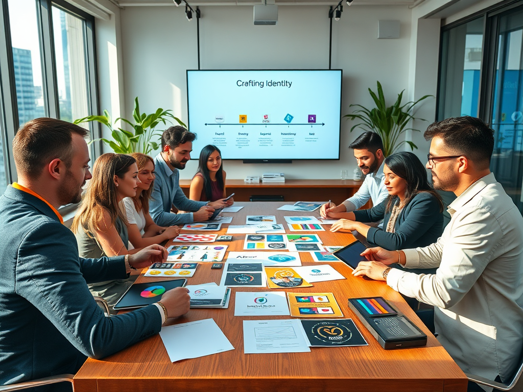 Business Identity: A professional workspace showcasing branding materials, logos, and a sleek design process to emphasize the importance of a unique business identity.