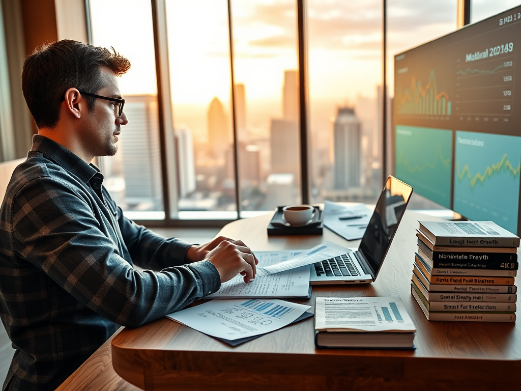 Visual of an investor analyzing mutual fund options on a laptop, focusing on performance metrics and risk management strategies in Mutual Fund Investing.