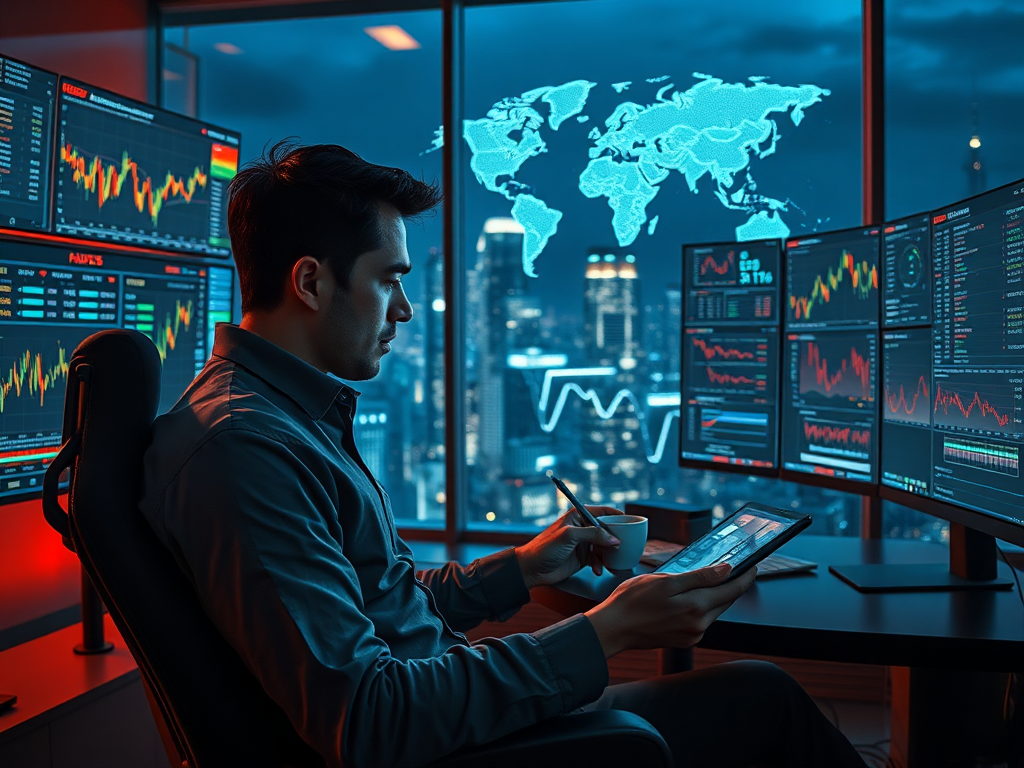 A professional trader analyzing Forex Trading charts on multiple screens, tracking currency fluctuations and making strategic decisions.
