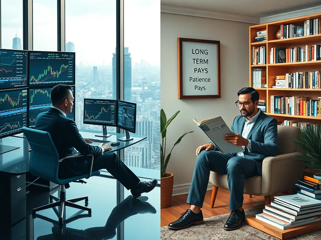 A serene investor looking at a growing tree graph, symbolizing the power of Long-Term Investing.