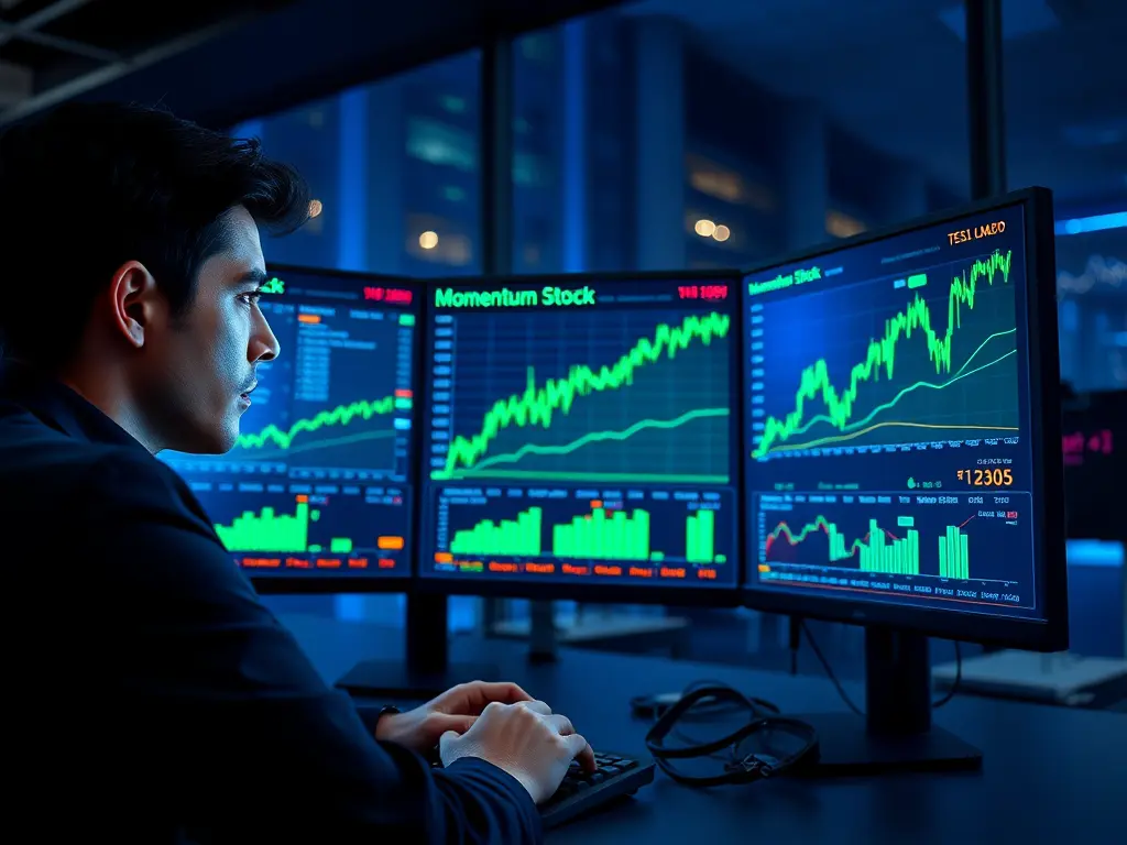 A trader analyzing a chart showing a strong uptrend to identify profitable momentum stocks.