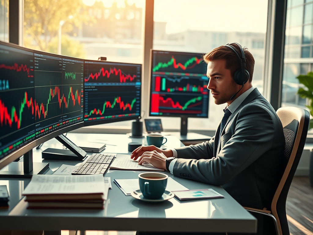 A professional engaged in Penny Stock Trading, analyzing market trends on a computer screen filled with stock charts.