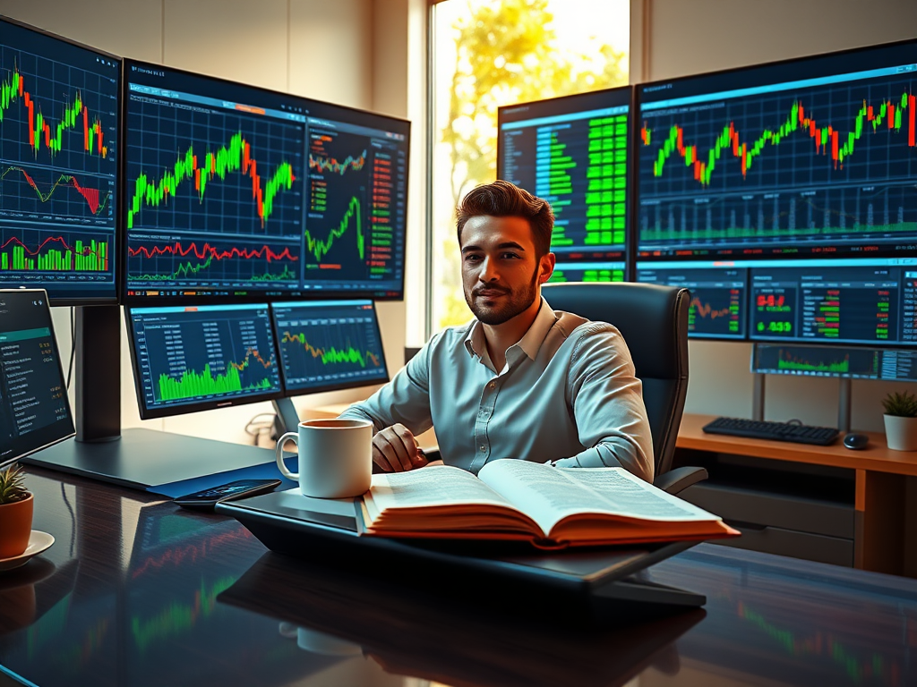 A busy stock market trading floor with professionals analyzing stock market investment trends.