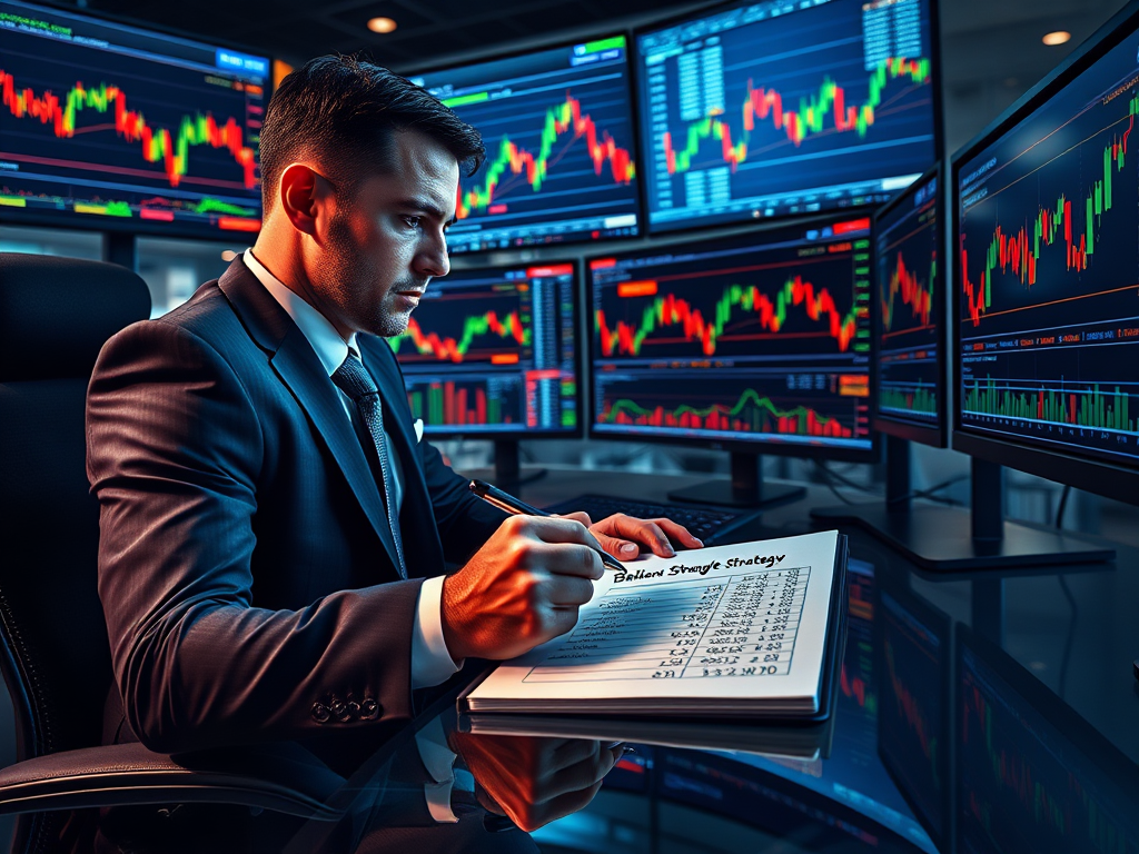 A professional trader analyzing financial charts, using the Balloon Strangle Strategy to profit from market volatility with OTM options.