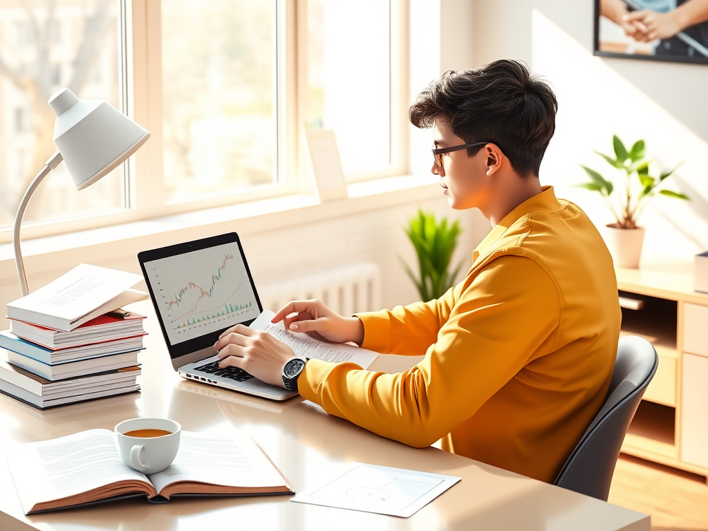Visual representation of a person mastering financial literacy through smart investing and budgeting, with financial charts and books around them.