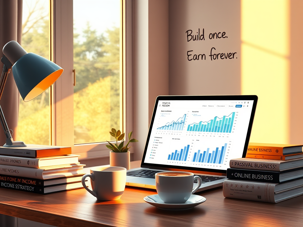 A person working on building passive income, with a laptop and financial reports, symbolizing the digital era of online business models.