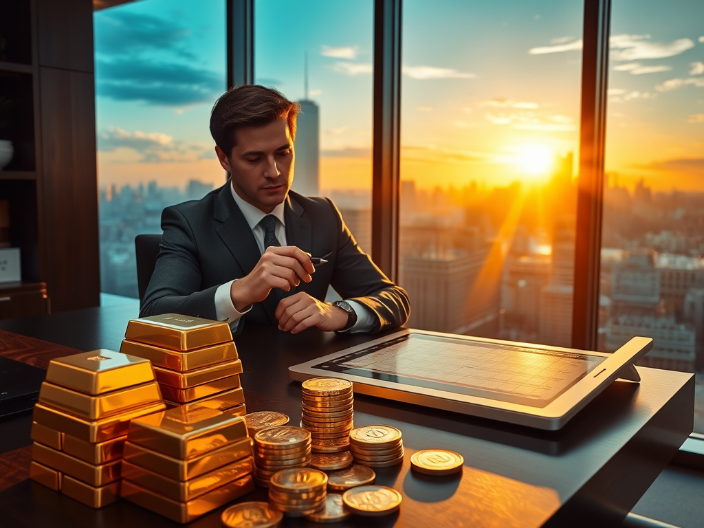 Gold and Silver Investments displayed as physical assets and market charts representing financial growth and stability.