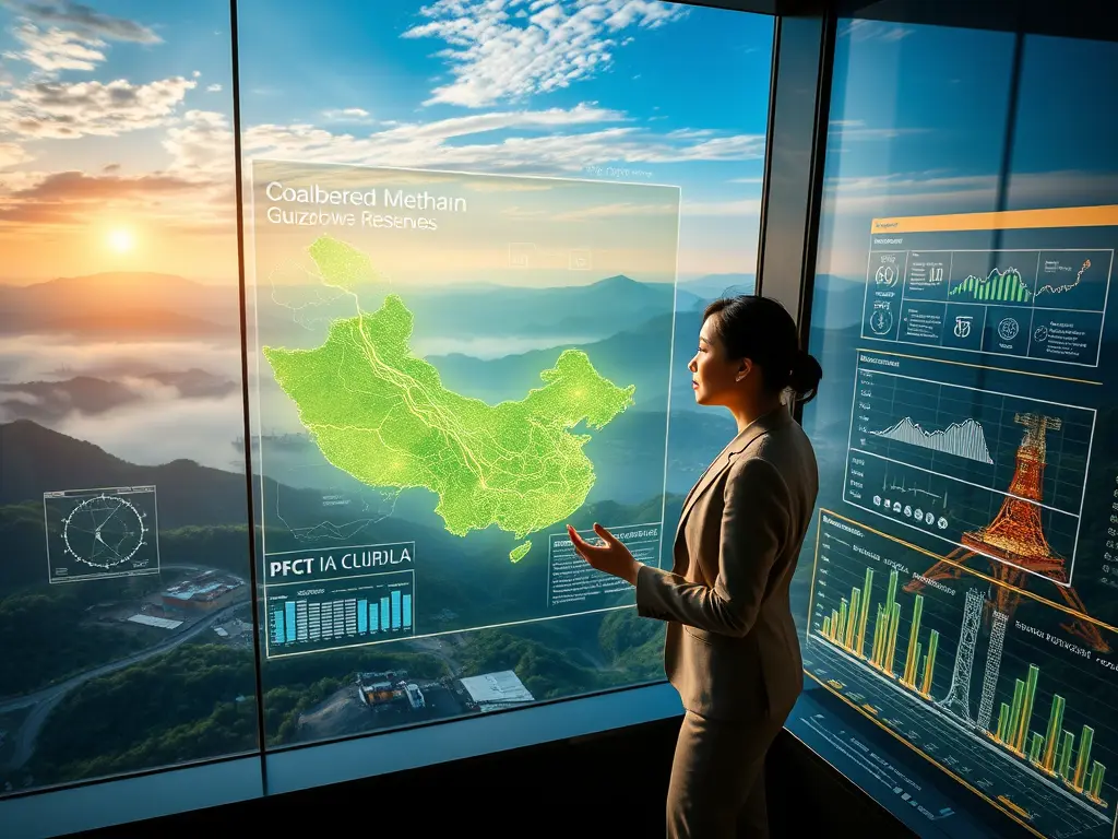 A detailed infographic map showing the location and vast potential of Coalbed Methane reserves in Guizhou Province, China.