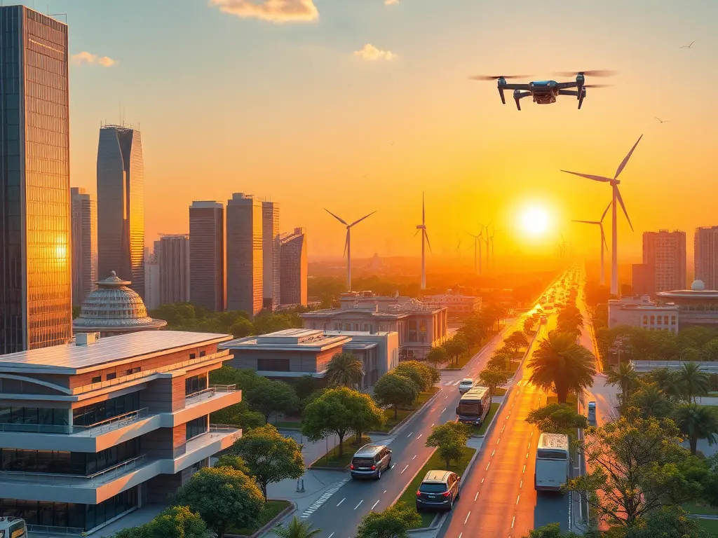 A diverse portfolio chart growing alongside solar panels and wind turbines, symbolizing profitable green energy investments.