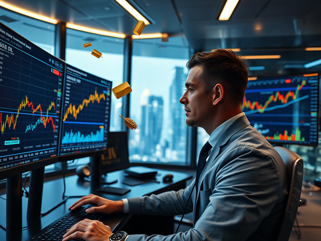 Commodity Futures Trading strategies displayed on a trader's screen, showcasing graphs of gold, crude oil, and agricultural commodities, emphasizing risk management and market volatility.