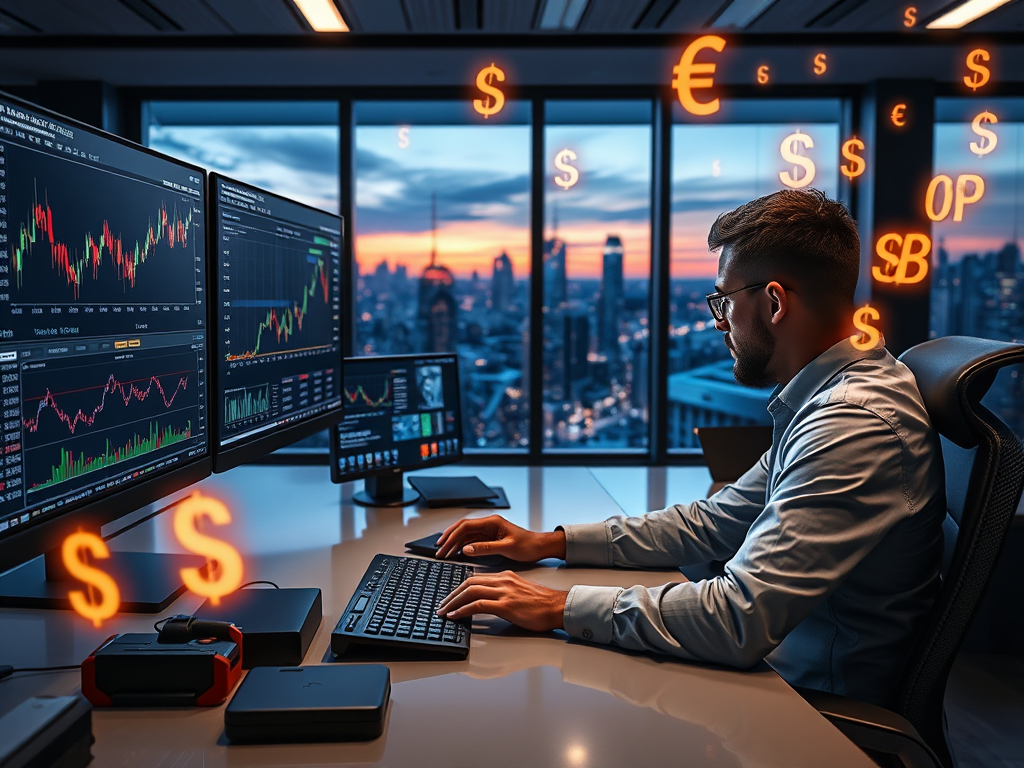 Forex Trading market scene with traders analyzing currency pairs and financial data on multiple screens in a modern office.