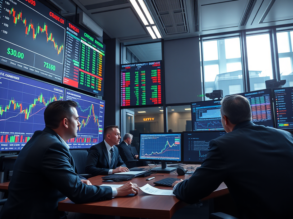 Professionals analyzing Commodity Futures Trading contracts in a high-tech trading environment, focusing on market trends and price fluctuations of commodities like gold, crude oil, and wheat.