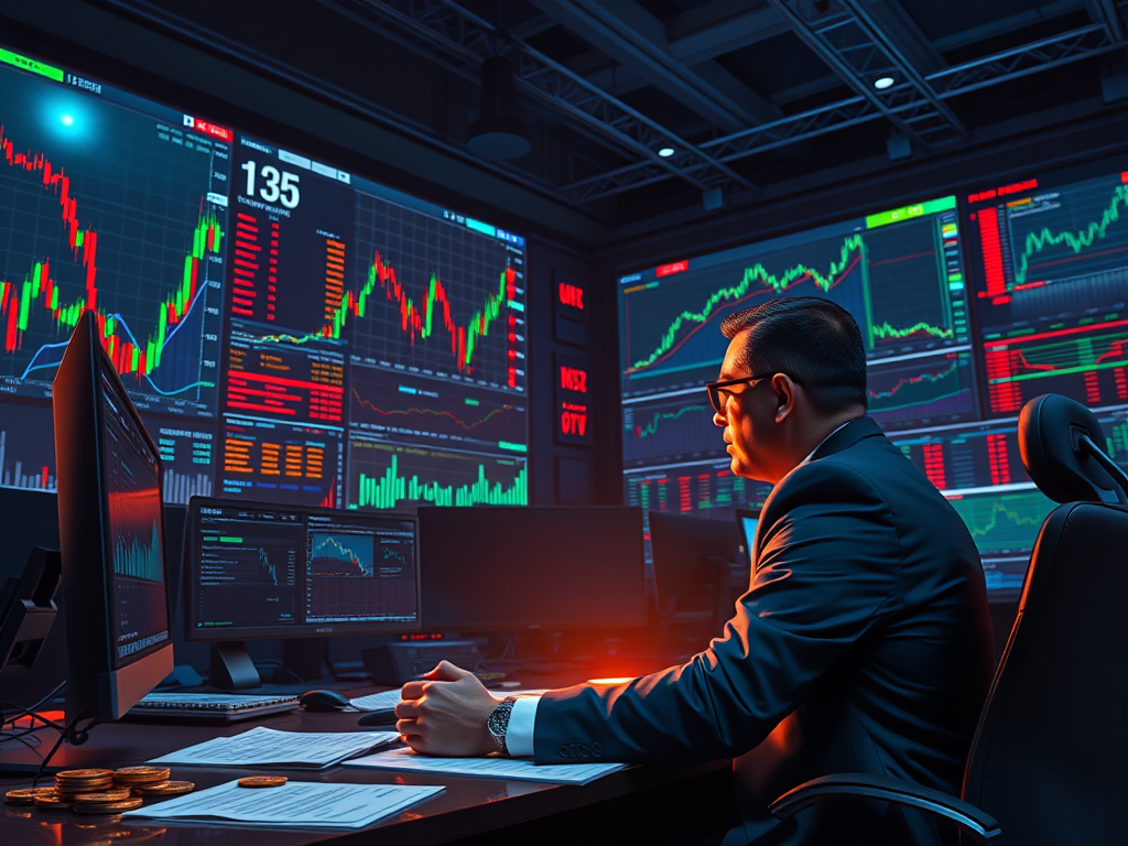 A high-stakes investment scenario, showcasing various high-risk assets like cryptocurrencies and stocks, with investors carefully analyzing data and trends.