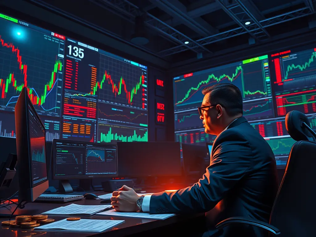A balanced scale with volatile stock charts on one side and a secure gold bar on the other, illustrating a strategy for High-Risk Investments.