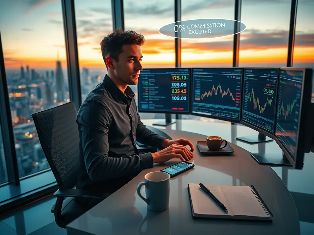 A modern trader analyzing market charts on a digital tablet, symbolizing the power and accessibility of low commission trading.