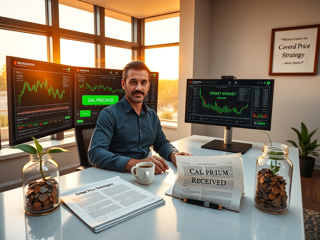 Investor analyzing a portfolio using Covered Calls Strategy to generate passive income from stock options.