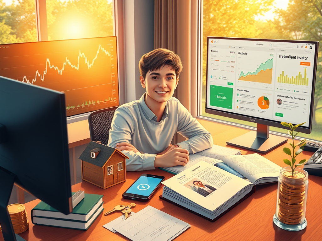 Illustration of a modern office with an individual looking at financial charts, symbolizing the journey towards a secure financial future.