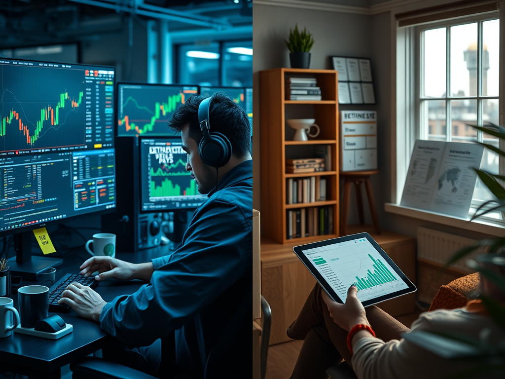 Long-Term Investing strategy with a focus on steady growth and portfolio diversification, showing a person analyzing investment options on a laptop.