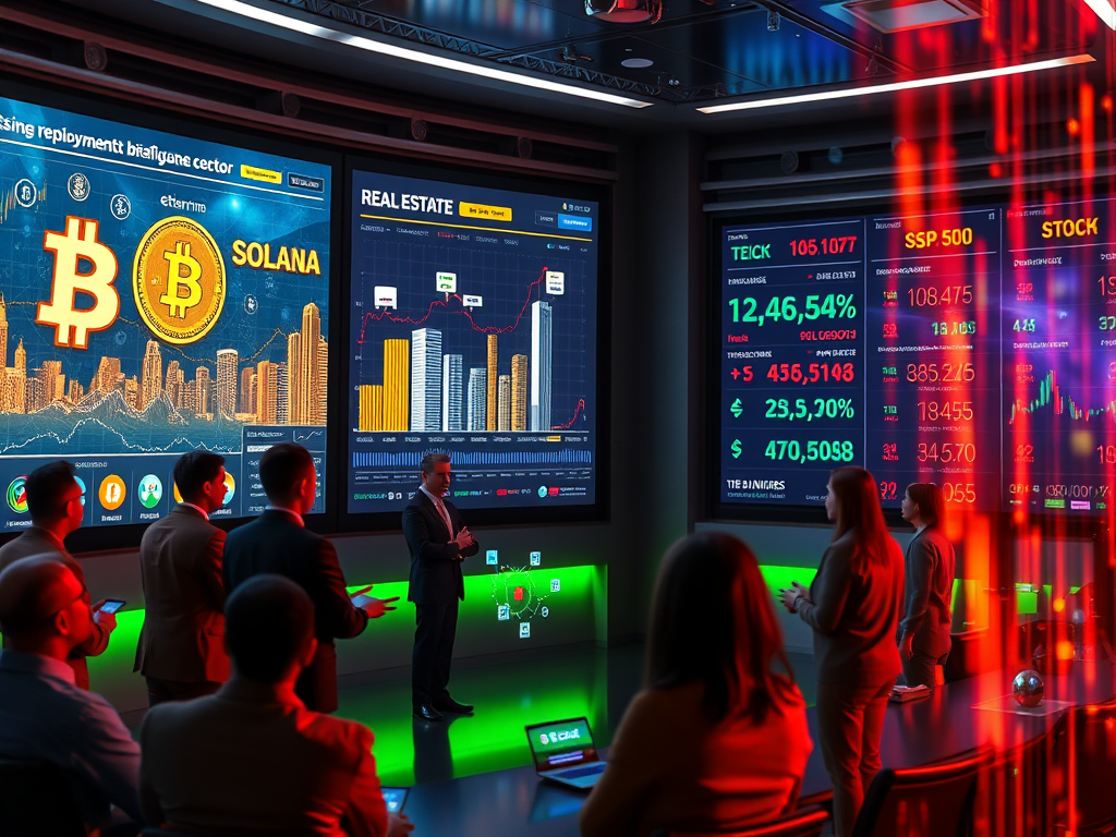 A businessman analyzing investment opportunities in cryptocurrency, real estate, and stocks on a futuristic digital screen.