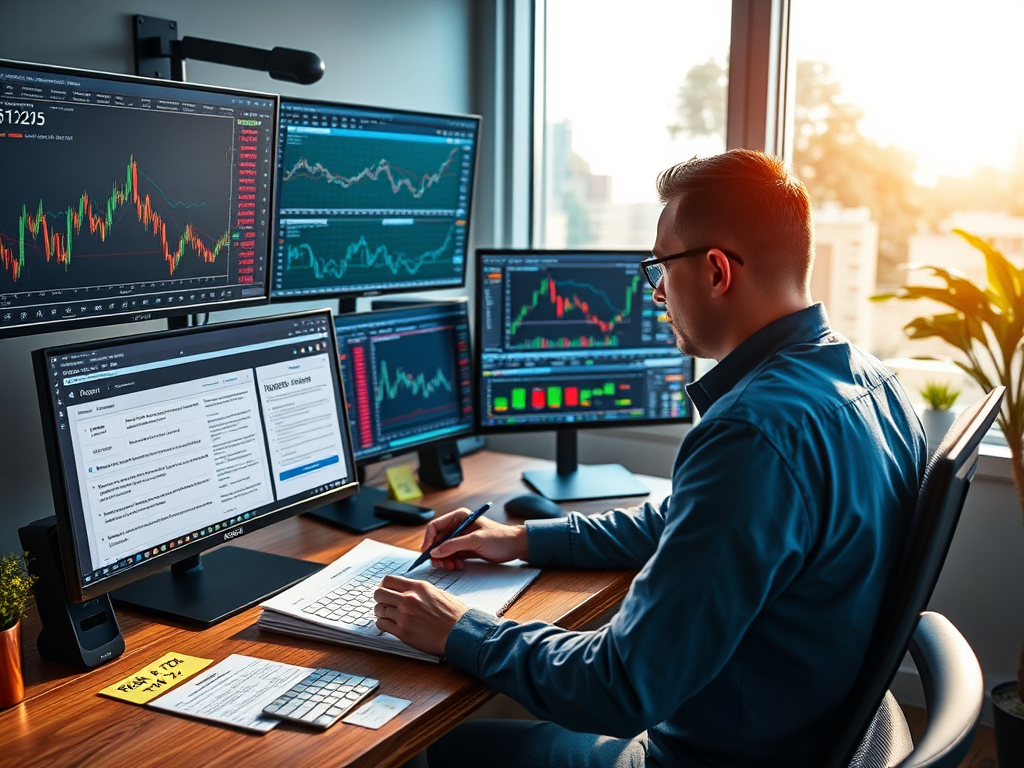 A professional trader reviewing their detailed Trading Plan on a tablet, with charts and market data visible in the background.