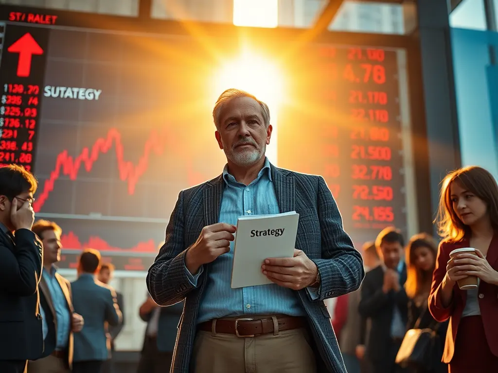 A confident investor analyzing market corrections data on a tablet, showing a strategy for buying opportunities.