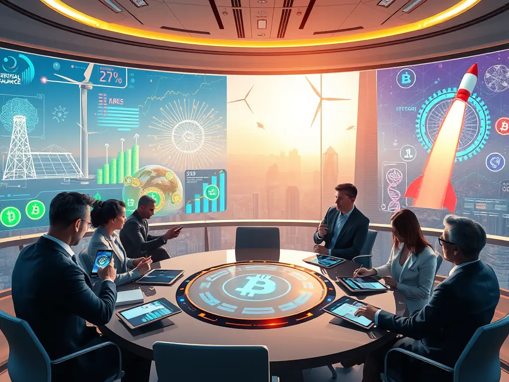 A futuristic collage illustrating top investment opportunities for 2025 including AI, green energy, and blockchain.