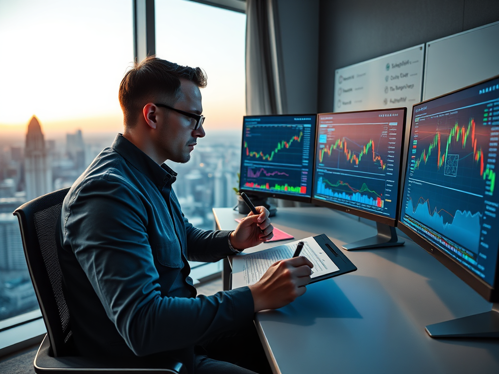 Visual representation of a trader developing a Trading Strategy with charts and indicators on multiple screens, symbolizing decision-making and market analysis.