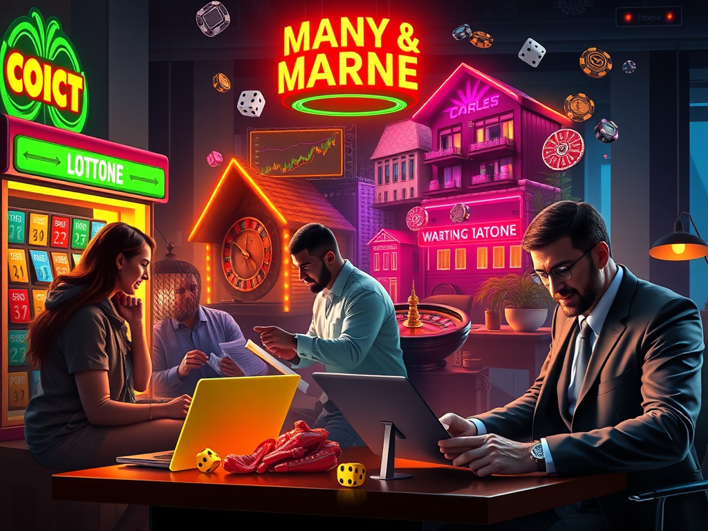 An illustration of various financial gambling arenas, showing people of different income levels engaging in activities like buying lottery tickets, trading stocks, and discussing real estate investments, symbolizing the diverse paths to wealth-building in 2024-2025.